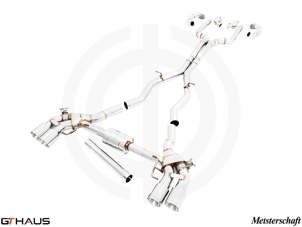 Premium performance exhaust system for BMW F91/92 M8 and M8 Competition, featuring stainless steel construction and dual tips.