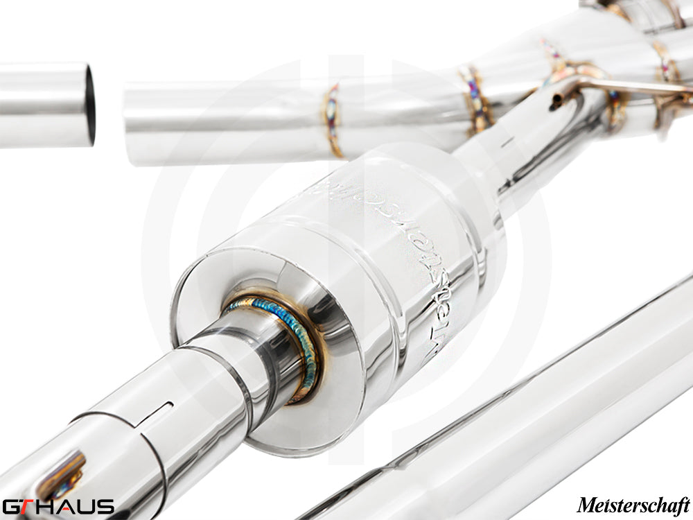 Premium exhaust system for BMW F93 M8/M8 Competition GranCoupe, featuring polished stainless steel and advanced valve control.