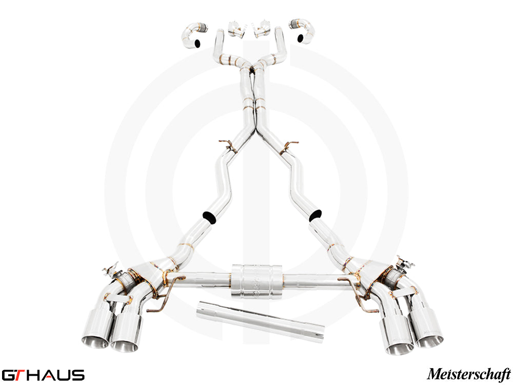 Premium performance exhaust system for BMW F93 M8 and M8 Competition GranCoupe, featuring stainless steel construction and quad tips.