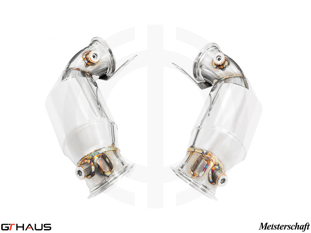 BMW F95 X5M 2020+ down pipes with 400 CEL sport cats and 90mm piping, designed for enhanced performance.