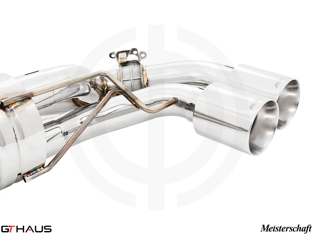 Premium exhaust system for BMW F95 X5M/X5M Comp, featuring polished stainless steel and dual tips for enhanced performance.