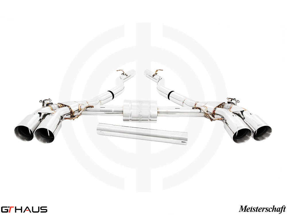 Premium Meisterschaft exhaust system for BMW F95 X5M/X5M Comp, featuring polished tips and advanced valve control.