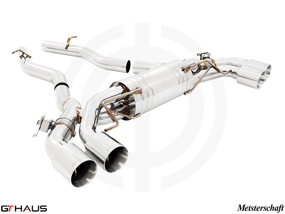 Premium exhaust system for BMW F95 X5M/X5M Comp LCI, featuring polished stainless steel and dual tips for enhanced performance.