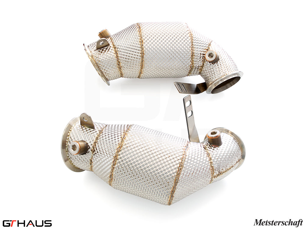 BMW F96 X6M 2020+ down pipes with 400 CEL sport cats and 90mm piping, featuring high-quality construction for performance.