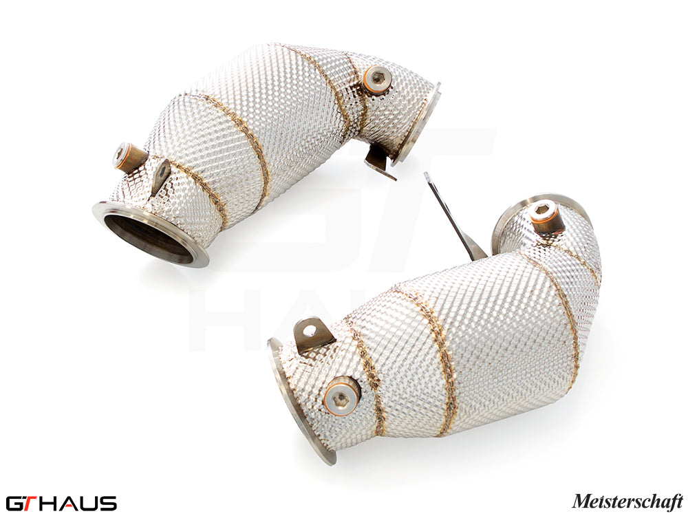 BMW F96 X6M 2020+ down pipes with 400 CEL sport cats, featuring 90mm piping and high-performance design.