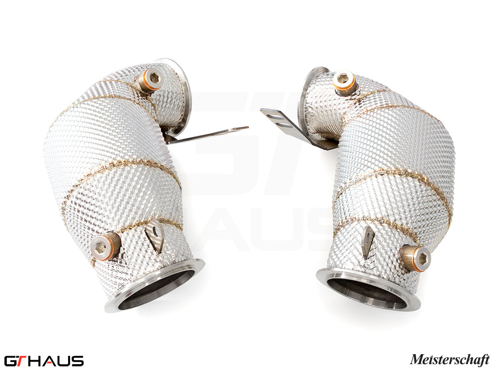 BMW F96 X6M 2020+ down pipes with 400 CEL sport cats, featuring 90mm piping and heat-resistant design.