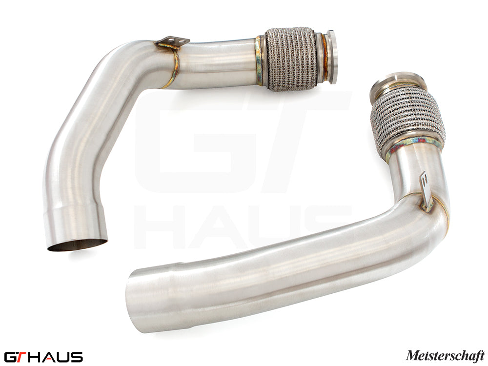 BMW F96 X6M LCI 2024+ downpipe with secondary cat-delete, crafted from high-quality stainless steel for enhanced performance.