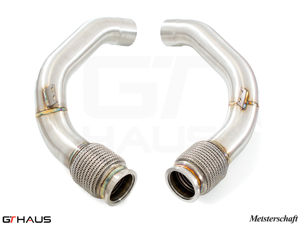 BMW F96 X6M LCI 2024+ down pipe featuring secondary cat-delete, crafted from high-quality stainless steel for enhanced performance.