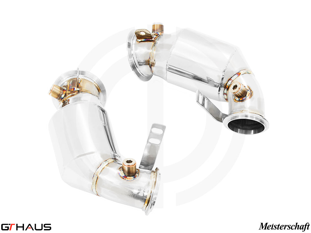 Premium down pipes for BMW F96 X6M LCI 2024+, featuring 90mm piping and 400 CEL sport cats for enhanced performance.