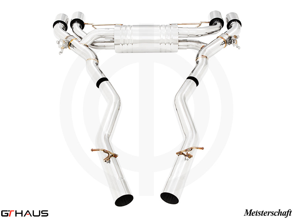 Premium exhaust system for BMW F96 X6M/X6M Comp LCI, featuring stainless steel construction and electronic valve control.