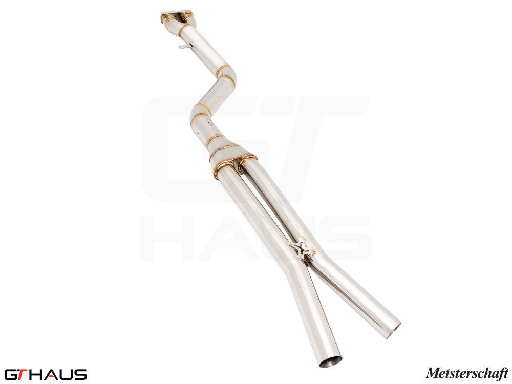 High-performance cat-back exhaust system for BMW F97 X3M, featuring 90mm single LX mid resonator delete pipes.
