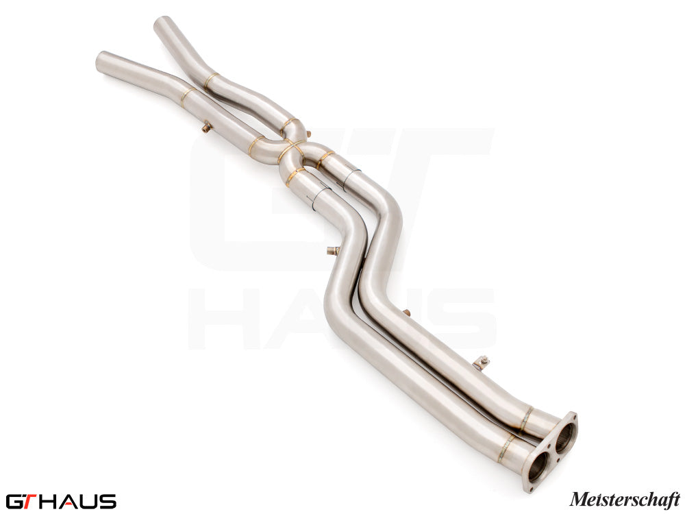 BMW F98 X4M 2019-2021 full cat-back 76mm dual LSR mid resonator delete pipes in polished stainless steel.