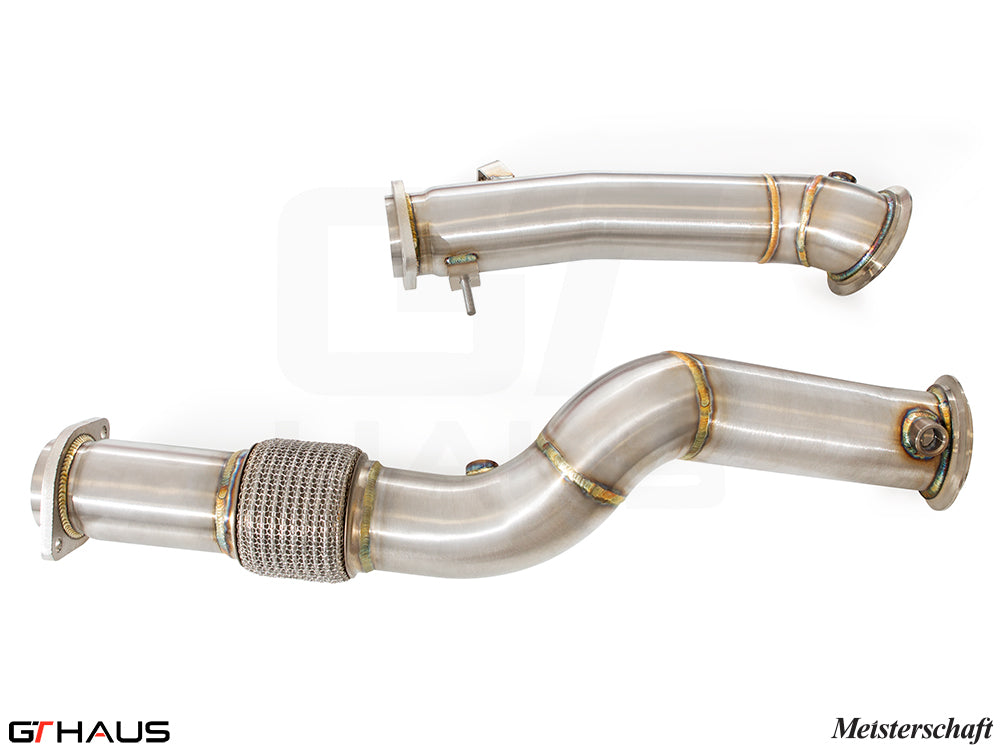 Premium down pipes for BMW F98 X4M SAV 2022+, featuring 400 CEL sport cats and 90mm stainless steel piping.