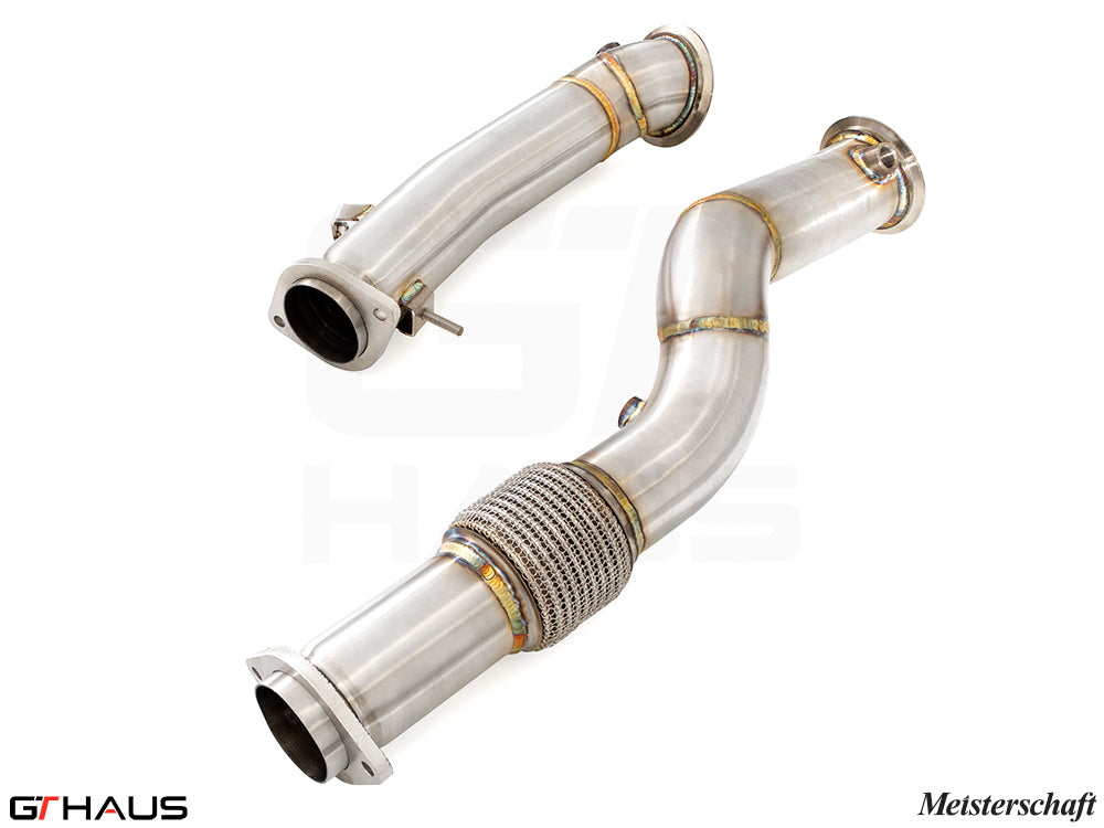 Premium down pipes for BMW F98 X4M SAV 2022+, featuring 90mm piping and 400 CEL sport cats for enhanced performance.