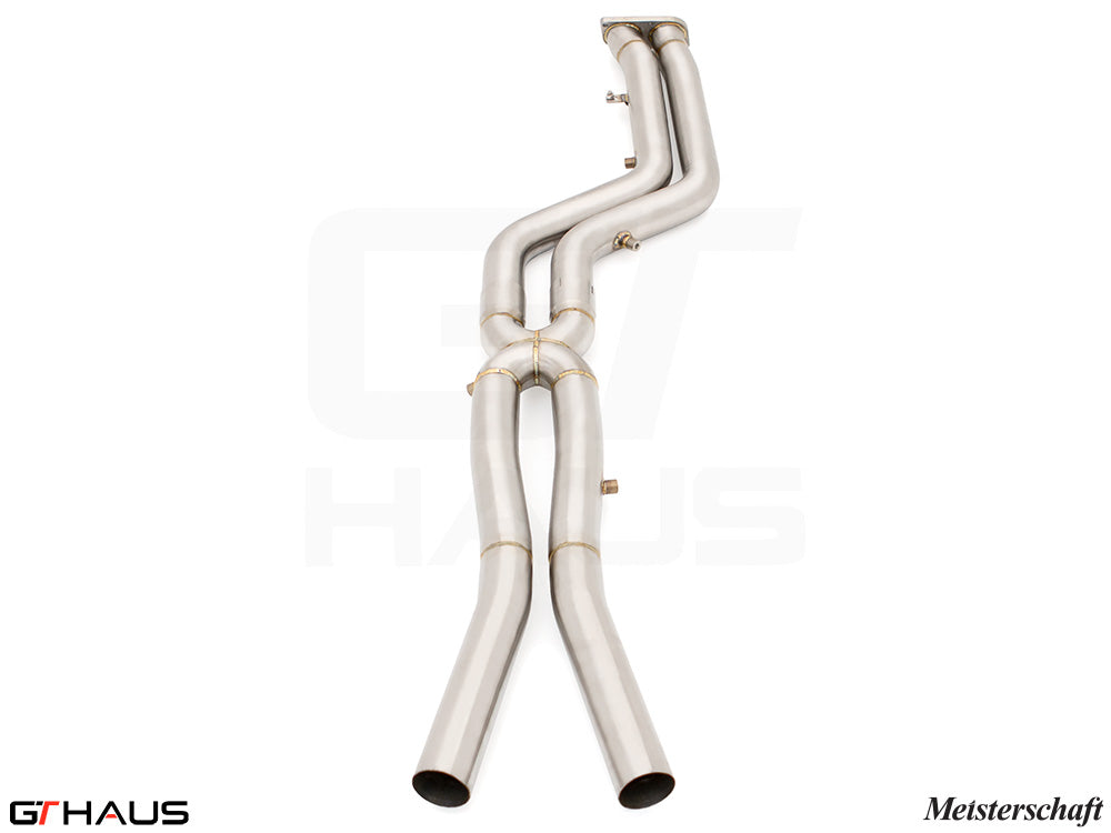 Premium 76mm dual cat-back mid resonator delete pipes for 2022+ BMW F98 X4M, enhancing exhaust flow and sound.