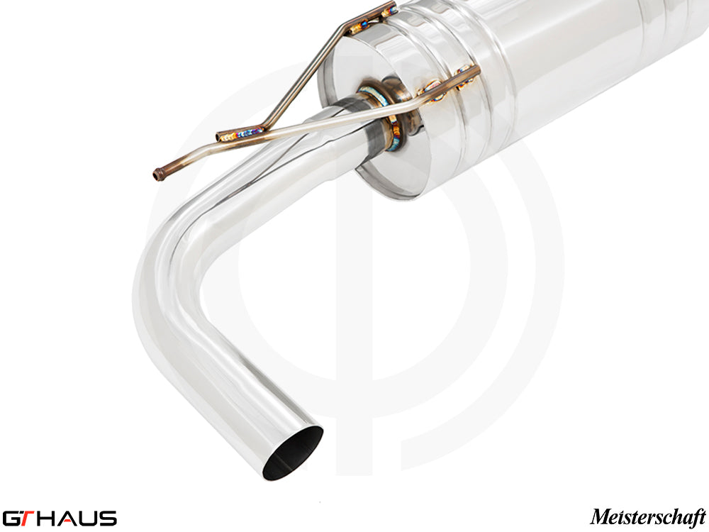Premium Meisterschaft exhaust system for BMW G11/G12 740i/Li I-6 (B58) 2016-2019, featuring polished stainless steel design.