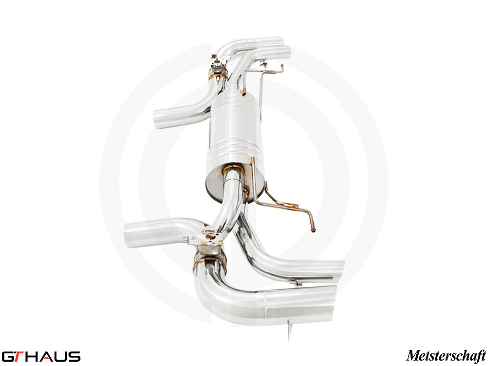 Premium exhaust system for BMW G14/G15 8 Series 850i/xi Bi-turbo V8, featuring polished stainless steel construction.