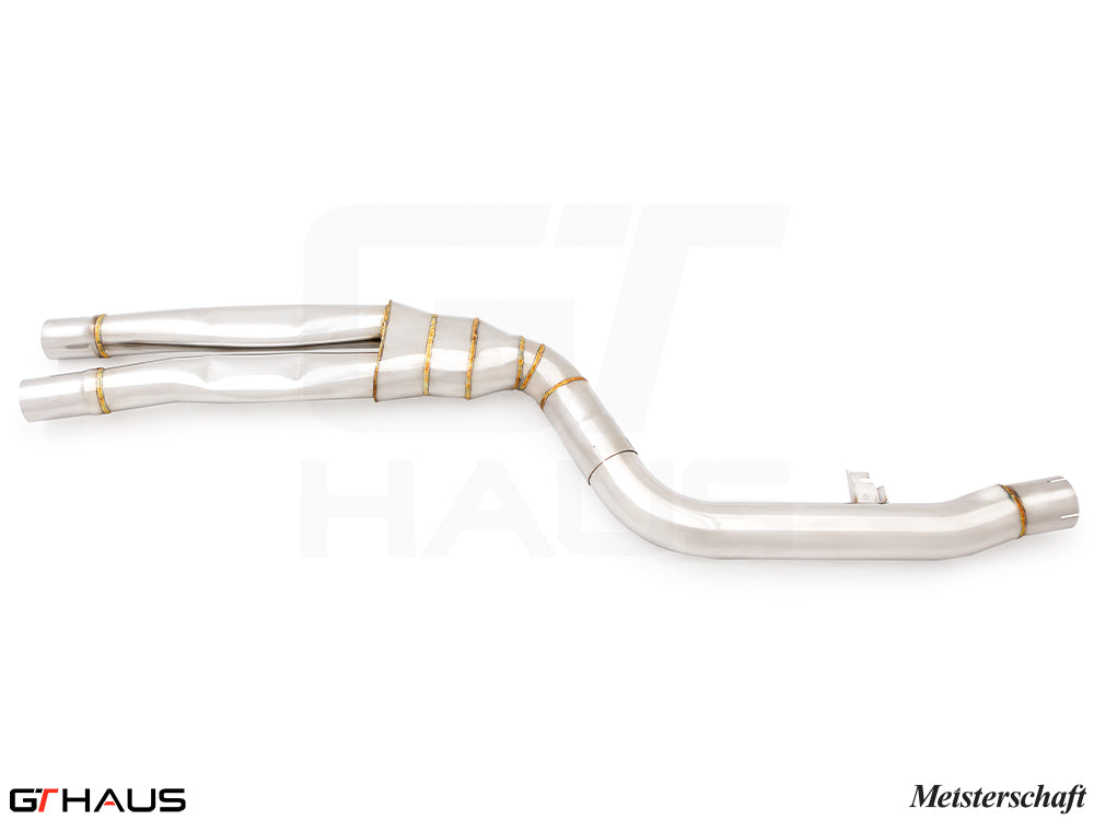 Full cat-back LSR mid resonator delete pipes for BMW G20 340i/xi/M340i, crafted from high-quality stainless steel.