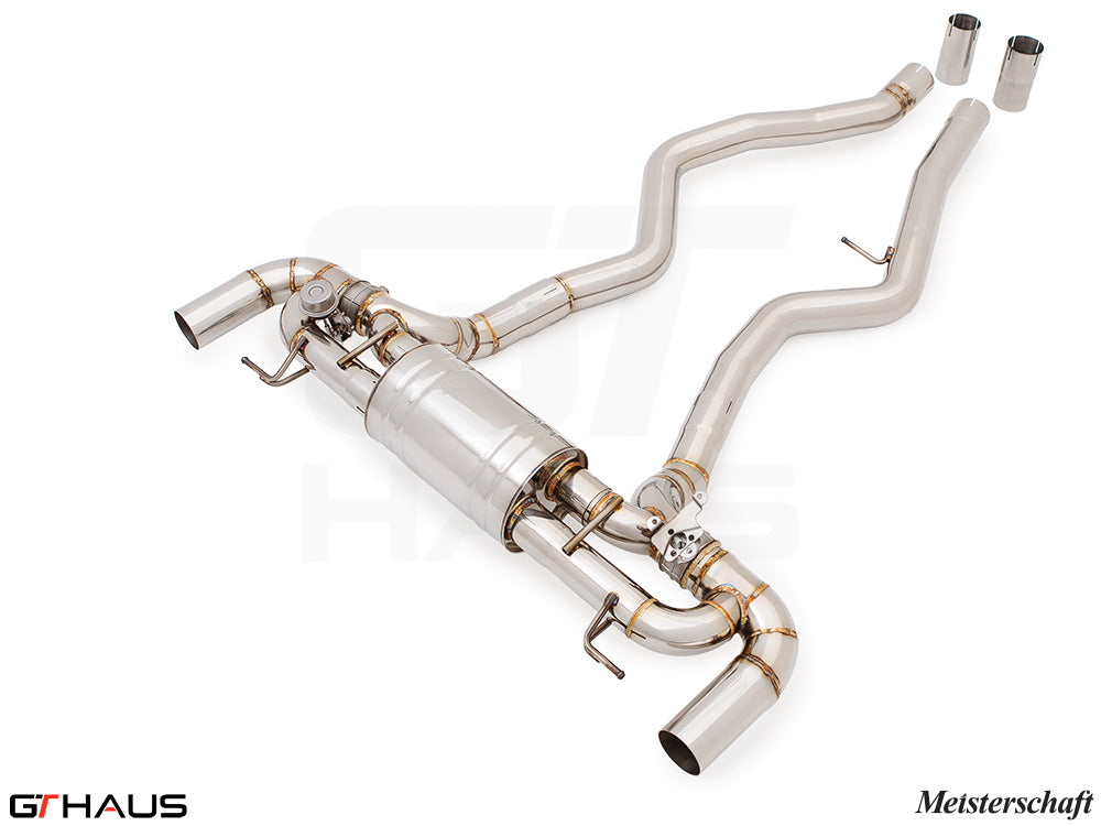 Premium Meisterschaft exhaust system for BMW G20 3 Series 340i/xi/M340i, featuring stainless steel construction and electronic valve control.