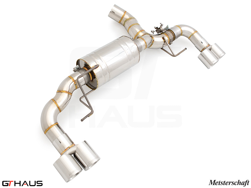 Premium Meisterschaft exhaust system for BMW G20 3 Series 320i/330i/xi LCI I-4, featuring stainless steel construction and electronic valve control.