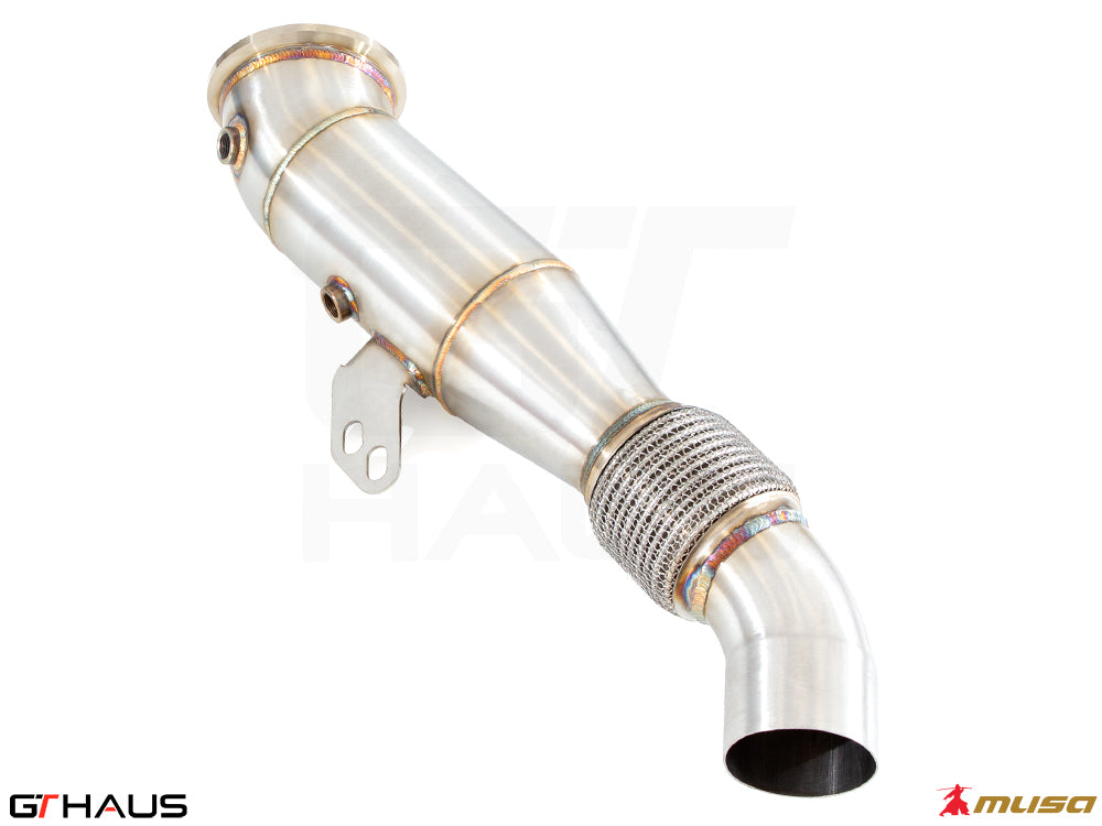 BMW G20 3 Series 340i/xi/M340i 2023+ down pipe with OBD2 and 400 CEL sport cats, featuring a polished stainless steel design.