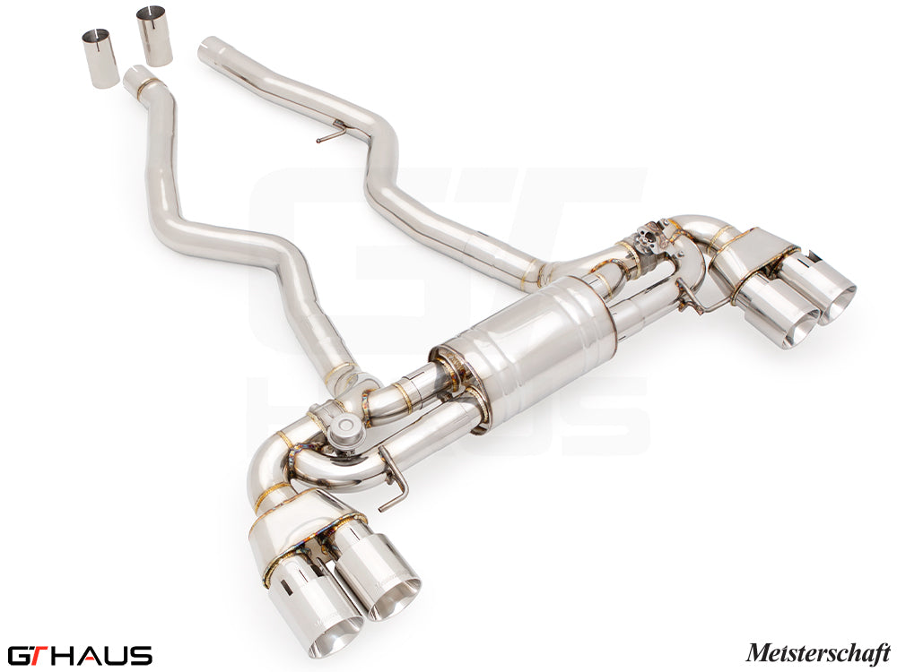 Premium performance exhaust system for BMW G20 3 Series 340i/xi/M340i LCI I-6, featuring stainless steel construction and dual tips.