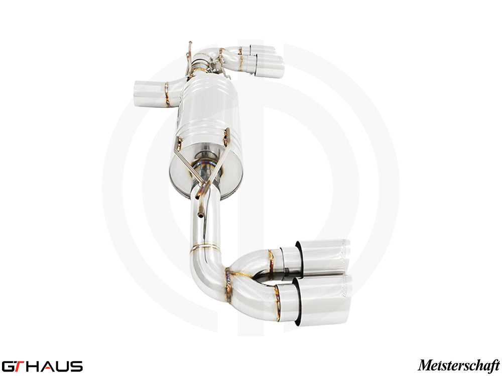 Premium exhaust system for BMW G30/G31 5 Series 520i/530i/xi I-4, featuring polished stainless steel and quad tips.