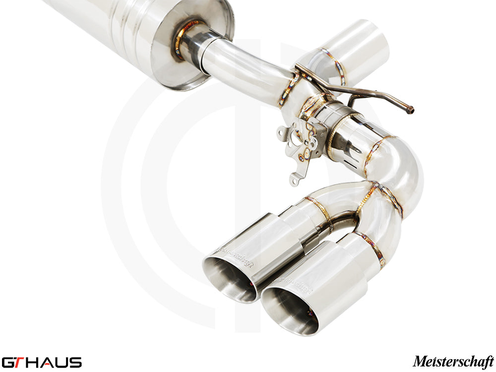 Premium performance exhaust system for BMW G30/G31 5 Series 520i/530i/xi I-4, featuring stainless steel construction and dual tips.