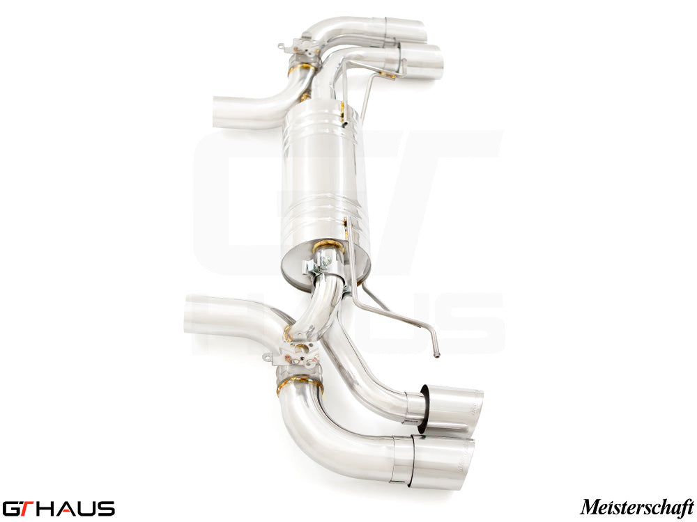 Premium performance exhaust system for BMW G30/G31 550i/xi Bi-turbo V8, featuring stainless steel construction and dual tips.