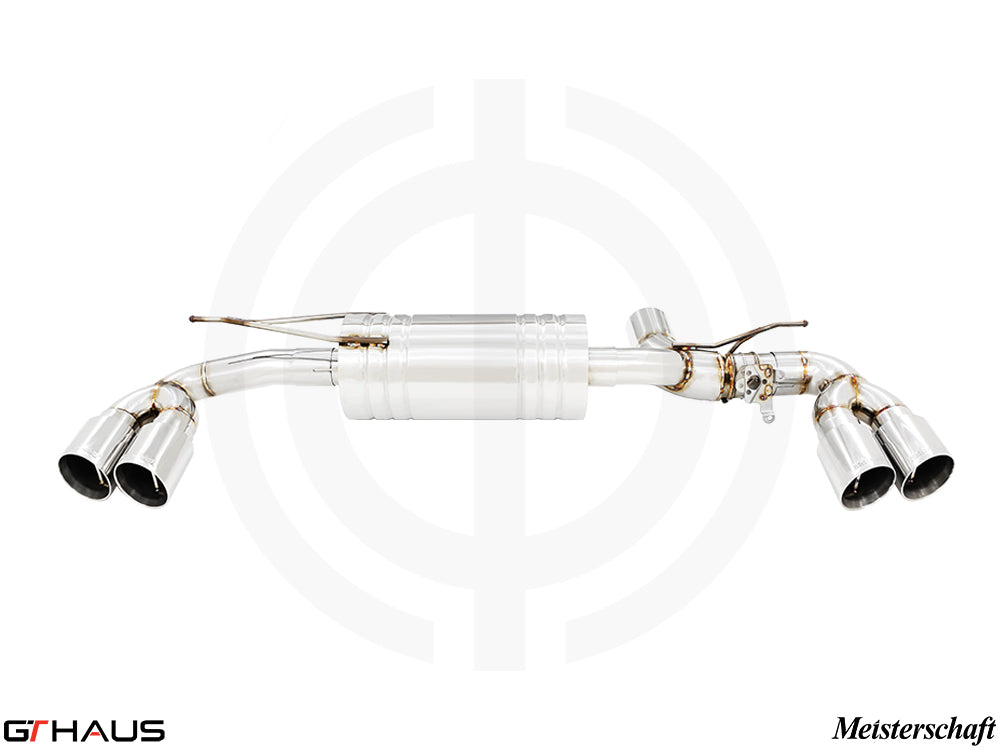 Premium Meisterschaft exhaust system for BMW G30/G31 540i/xi I-6 (B58) 2021-2023, featuring polished stainless steel and quad tips.