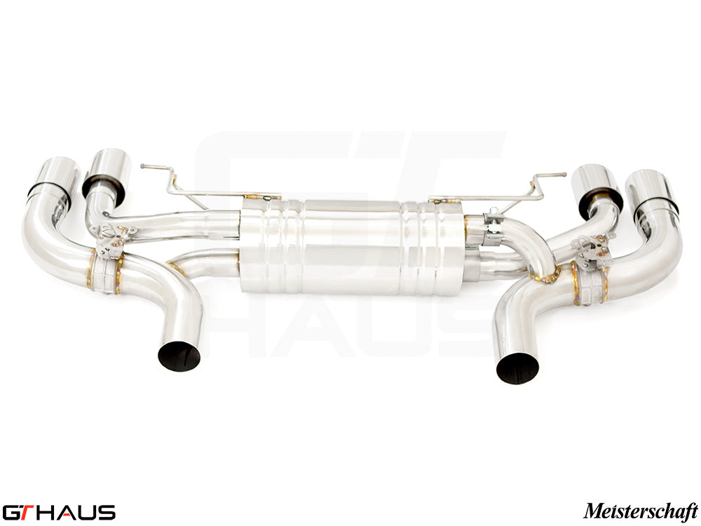 Premium performance exhaust system for BMW G30/G31 5 Series 550i/xi Bi-turbo V8, featuring polished stainless steel design.