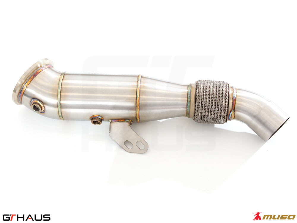 High-performance down pipe for BMW G42 2 Series 240i/xi/M240i with OBD2 and 400 CEL sport cats, enhancing exhaust flow.