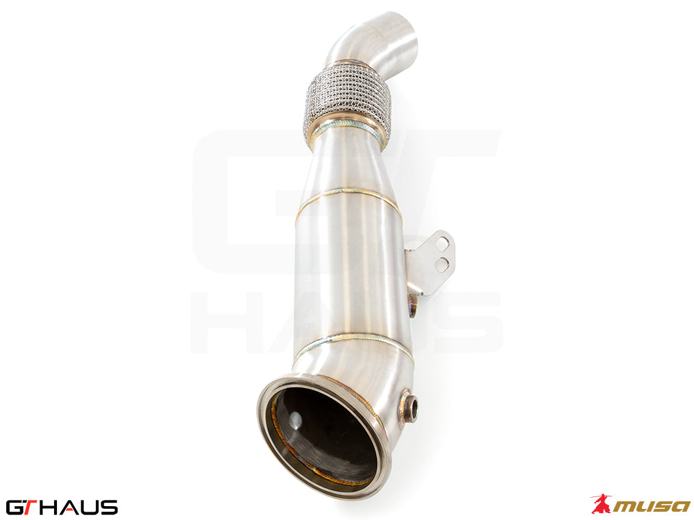BMW G42 2 Series 240i/xi/M240i 2023+ down pipes with OBD2 and 400 CEL sport cats, featuring stainless steel construction.