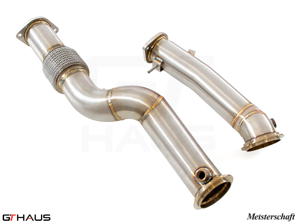 Premium BMW G80/82/83 2021+ down pipes with 400 CEL sport cats and 90mm piping for enhanced performance.