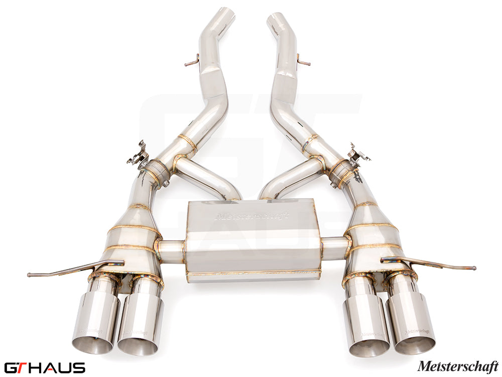 Premium Meisterschaft exhaust system for BMW G80/82/83 M3/M4, featuring stainless steel construction and dual tips.