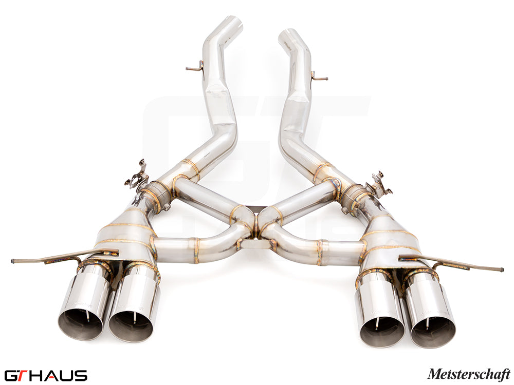 Premium performance exhaust system for BMW G80/82/83 (M3/M4) I-6 Turbo, featuring stainless steel construction and dual tips.