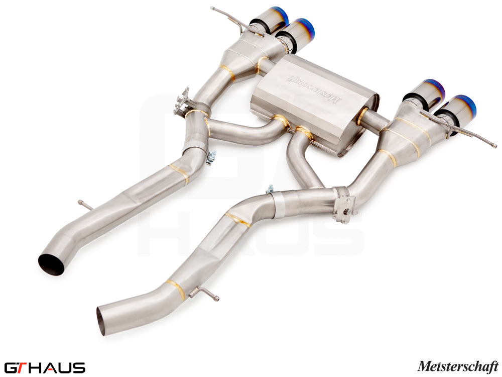 Premium stainless steel exhaust system for BMW G80/82/83 M3/M4, featuring dual tips and electronic valve control.