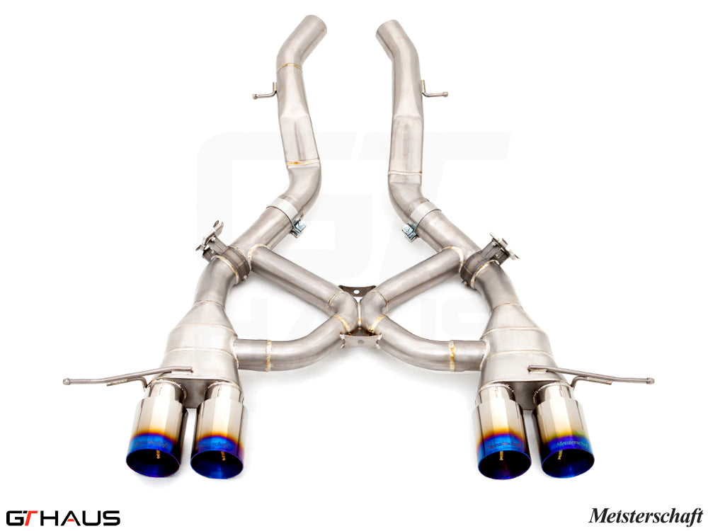 Premium performance exhaust system for BMW G80/82/83 M3/M4, featuring stainless steel construction and dual tips.