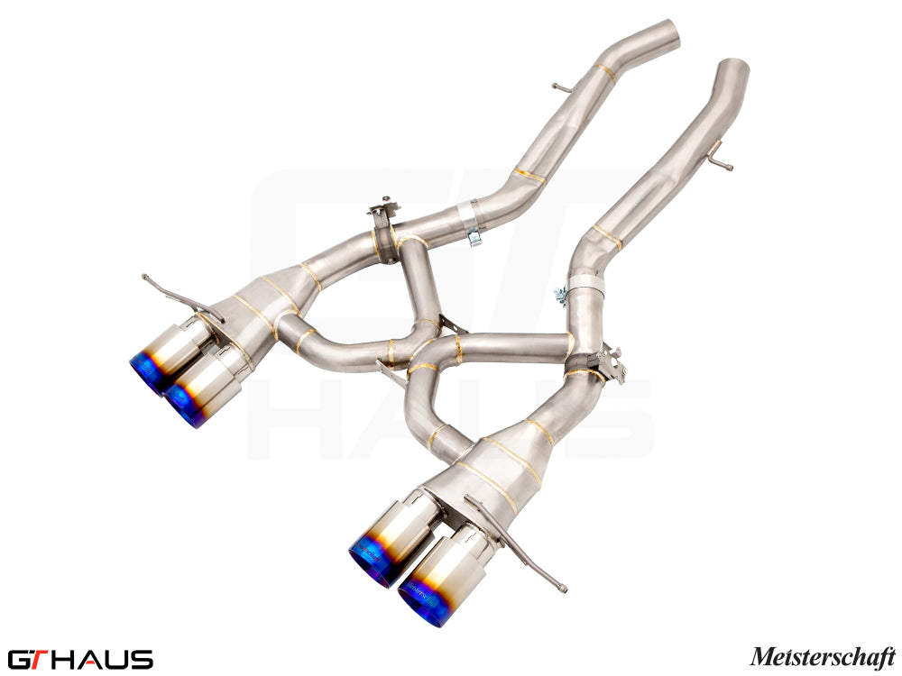 Premium stainless steel exhaust system for BMW G80/82/83 M3/M4 with electronic valve control and blue-tipped tips.