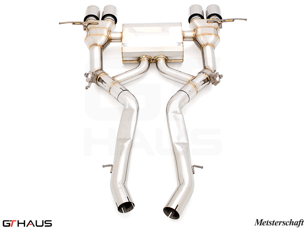 Premium performance exhaust system for BMW G87 M2/M2 Competition, featuring stainless steel construction and dual tips.