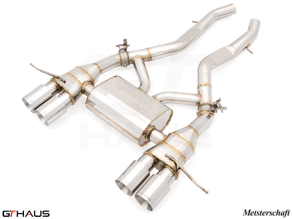 Premium Meisterschaft exhaust system for BMW G87 M2/M2 Competition, featuring stainless steel construction and dual tips.