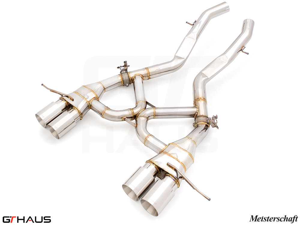 Premium exhaust system for BMW G87 M2/M2 Competition, featuring stainless steel construction and dual tips.