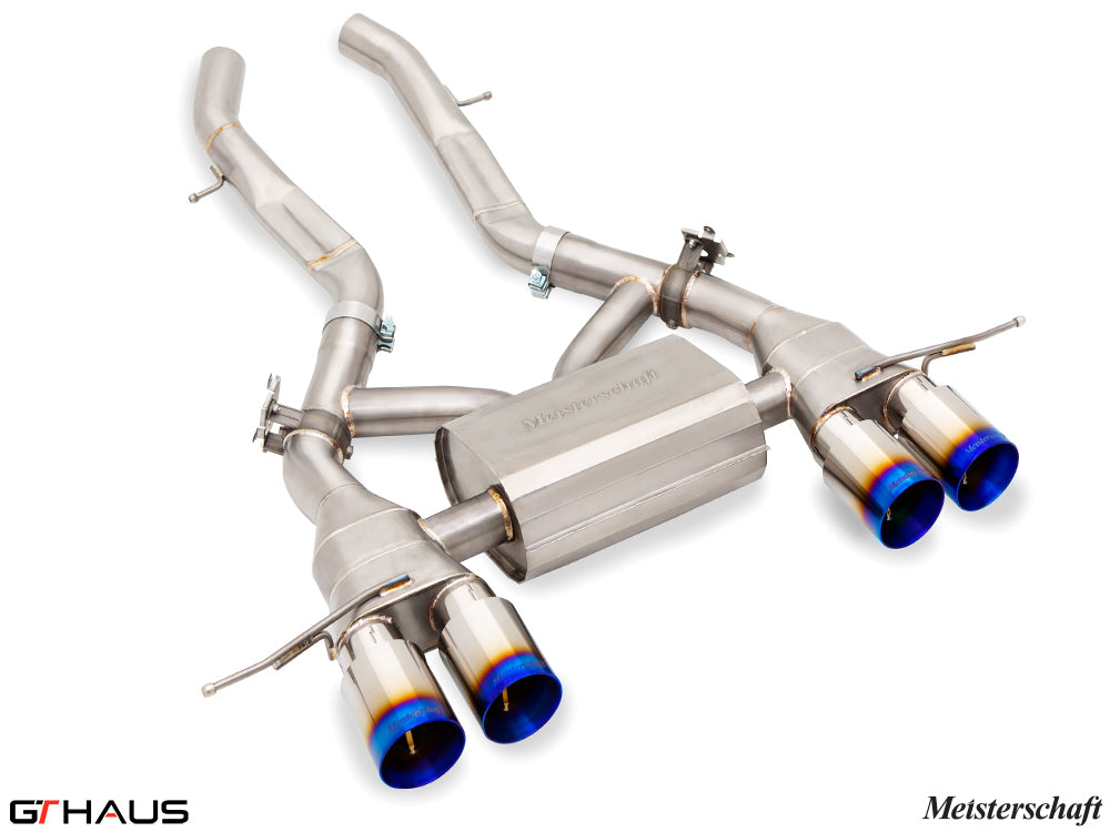 Premium Meisterschaft exhaust system for BMW G87 M2/M2 Competition, featuring stainless steel construction and quad tips.