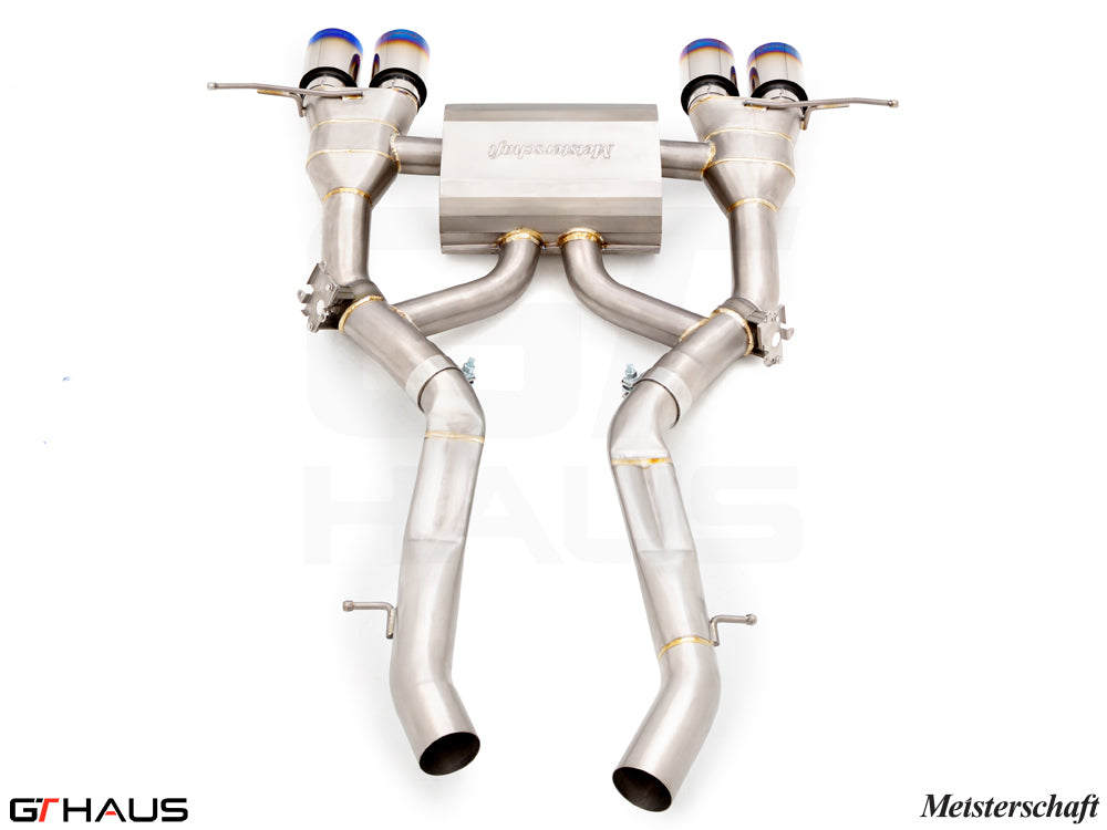 Premium performance exhaust system for BMW G87 M2/M2 Competition, featuring stainless steel construction and dual tips.