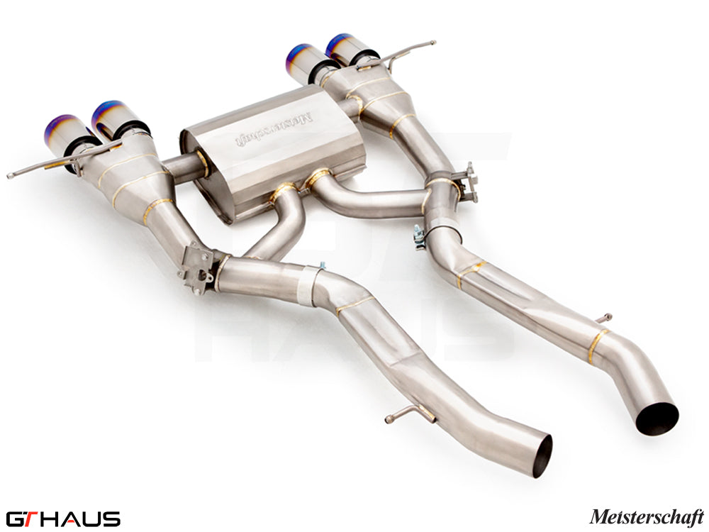 Premium Meisterschaft exhaust system for BMW G87 M2/M2 Competition, featuring stainless steel construction and quad tips.