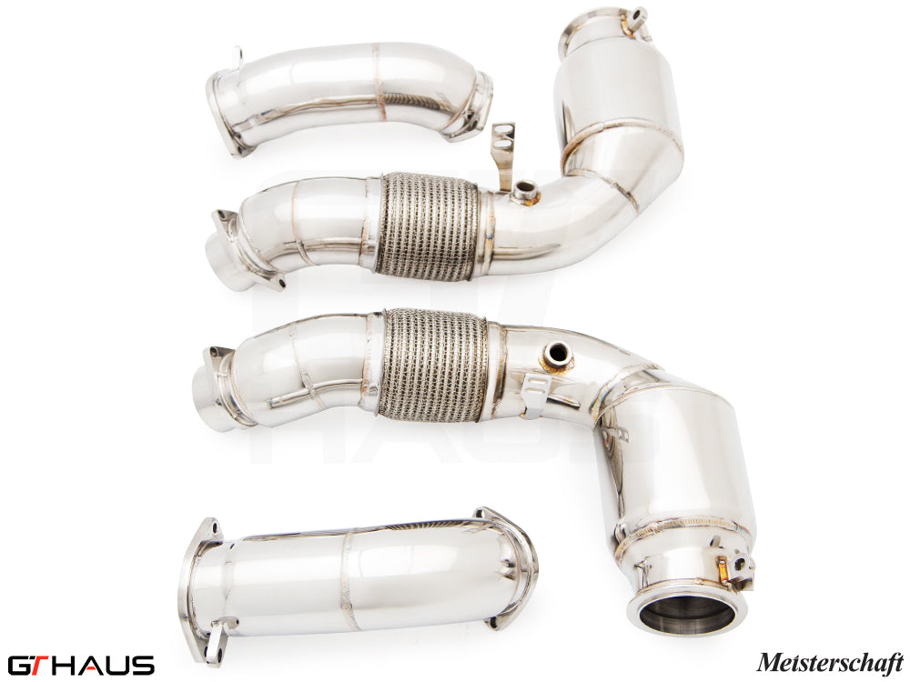Premium down pipes for BMW G90 M5 Sedan and G99 M5 Wagon 2024+, featuring 400 CEL sport cats for enhanced performance.