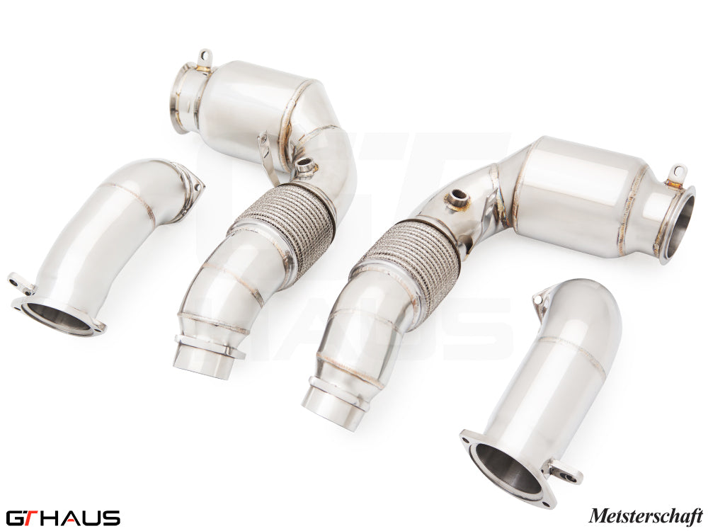 High-performance down pipes for BMW G90 M5 Sedan and G99 M5 Wagon 2024+, featuring 400 CEL sport cats and stainless steel construction.