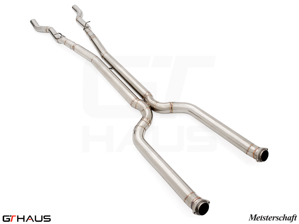 Premium stainless steel mid resonator delete pipes for BMW G90 M5 Sedan and G99 M5 Wagon, featuring 90mm piping.