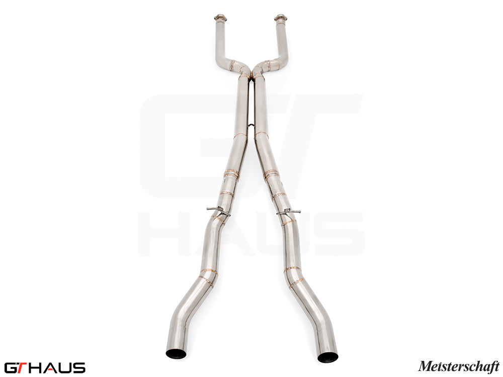 LSR mid resonator delete pipes for BMW G90 M5 Sedan and G99 M5 Wagon, featuring 90mm full cat-back stainless steel piping.