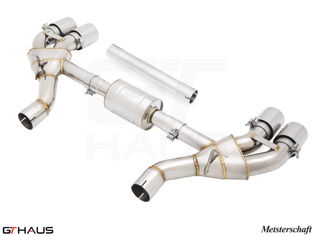 Premium exhaust system for BMW G90 M5 Sedan and G99 M5 Wagon, featuring stainless steel construction and dual tips.